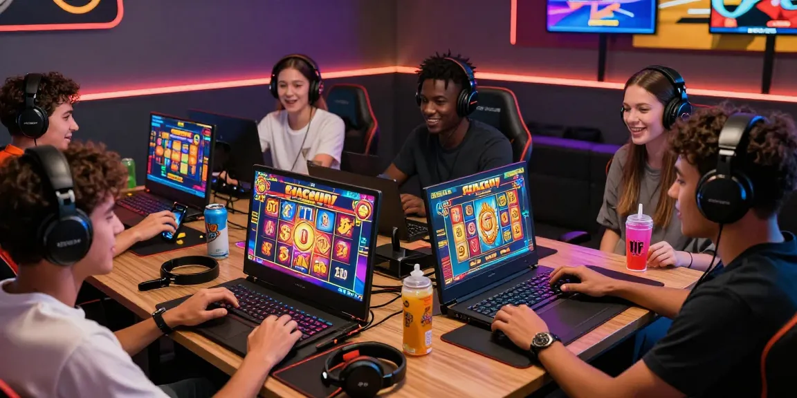 Suasana bermain slot gacor online dengan pemain beragam menikmati permainan dengan grafik warna-warni dan ekspresi kegembiraan.