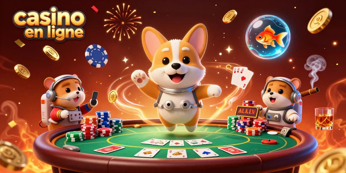 Une illustration animée 3D dans un casino en ligne avec un corgi astronaute flottant dans l'espace.