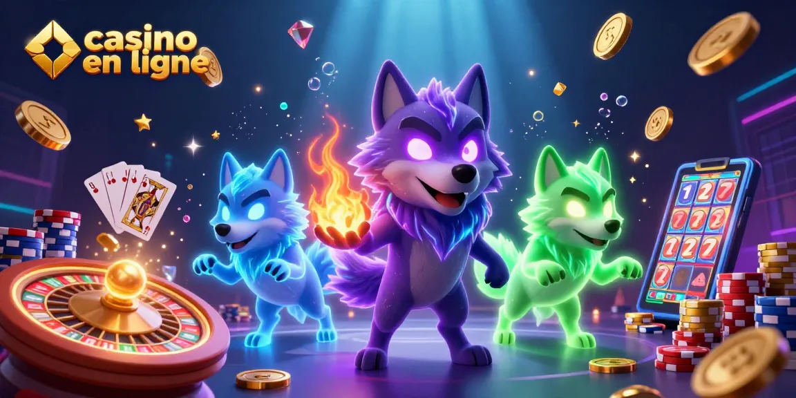 Illustration animée dynamique de casino en ligne avec des loups fantomatiques et des éléments de jeu.