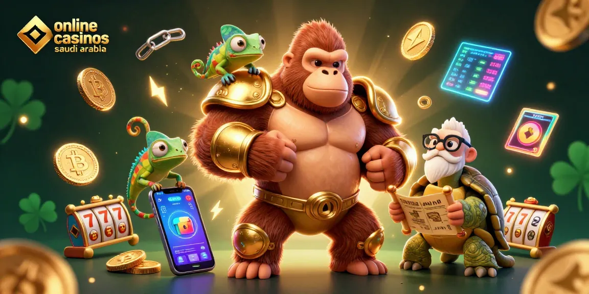 Experience the excitement of online casinos saudi arabia with a powerful gorilla king, chameleon, and tortoise in a vibrant casino scene.