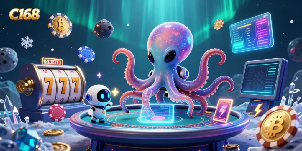 Engage in exciting slot games at C168 with a colorful alien octopus and poker holography.