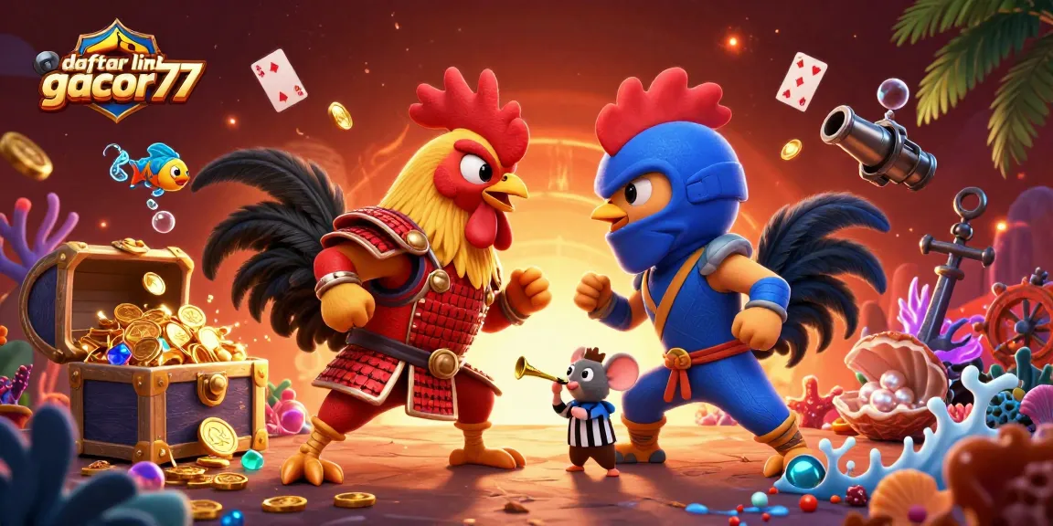 Engage with a vibrant scene illustrating daftar link gacor77 featuring dynamic fighting roosters amidst casino elements.