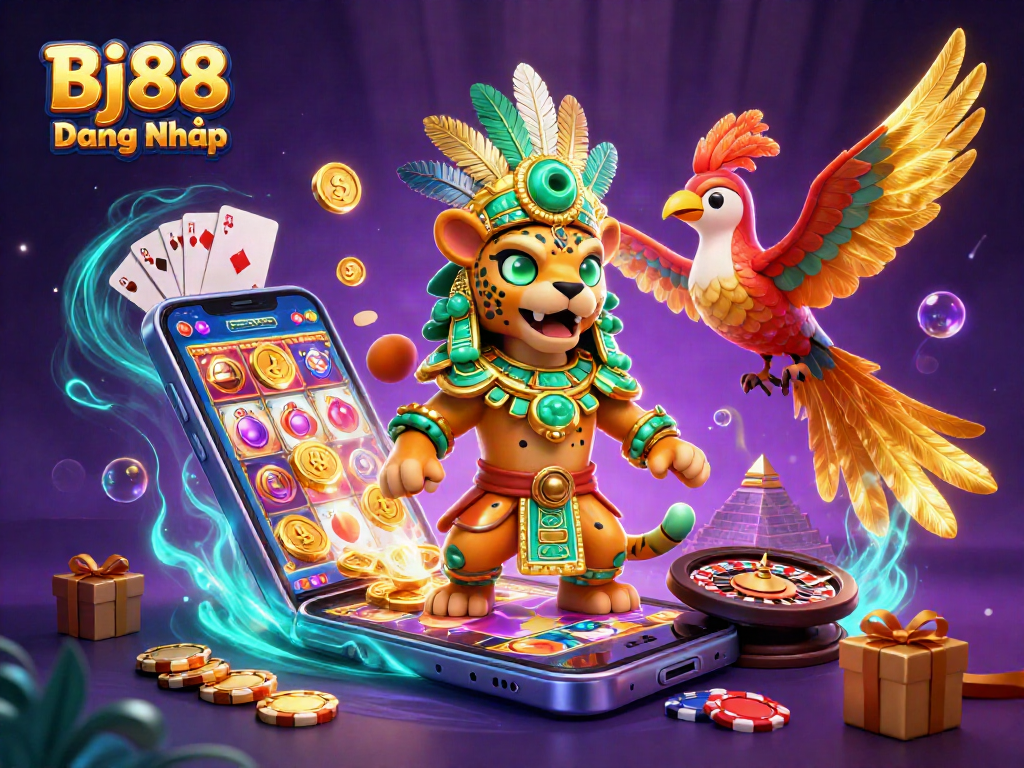 Bj88 Đăng Nhập offers a vibrant casino experience featuring a Mayan jaguar priest and gaming elements.