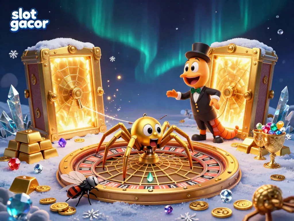 Engage in dynamic slot gacor gameplay as a golden spider weaves a roulette web of fortune.