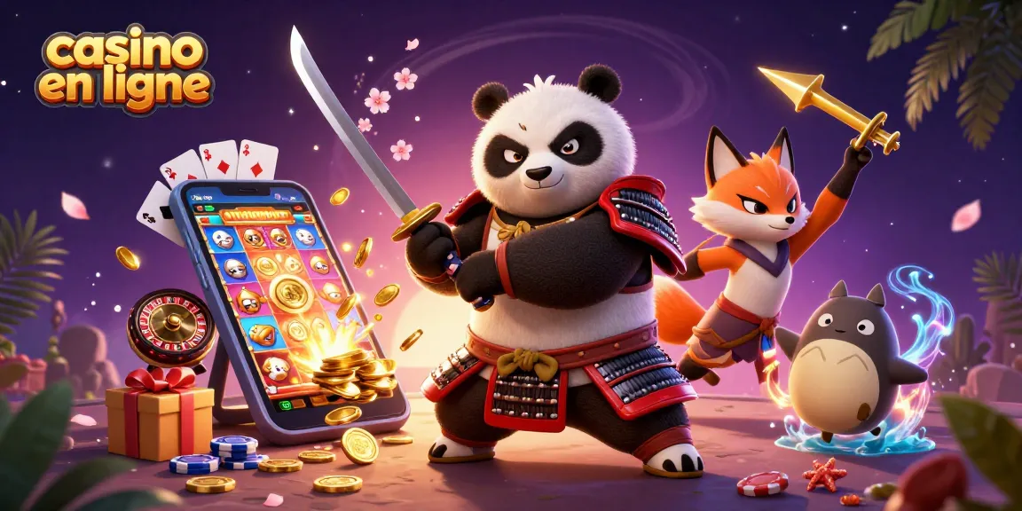 Illustration captivante de casino en ligne avec un panda samouraï et des jeux de hasard colorés.