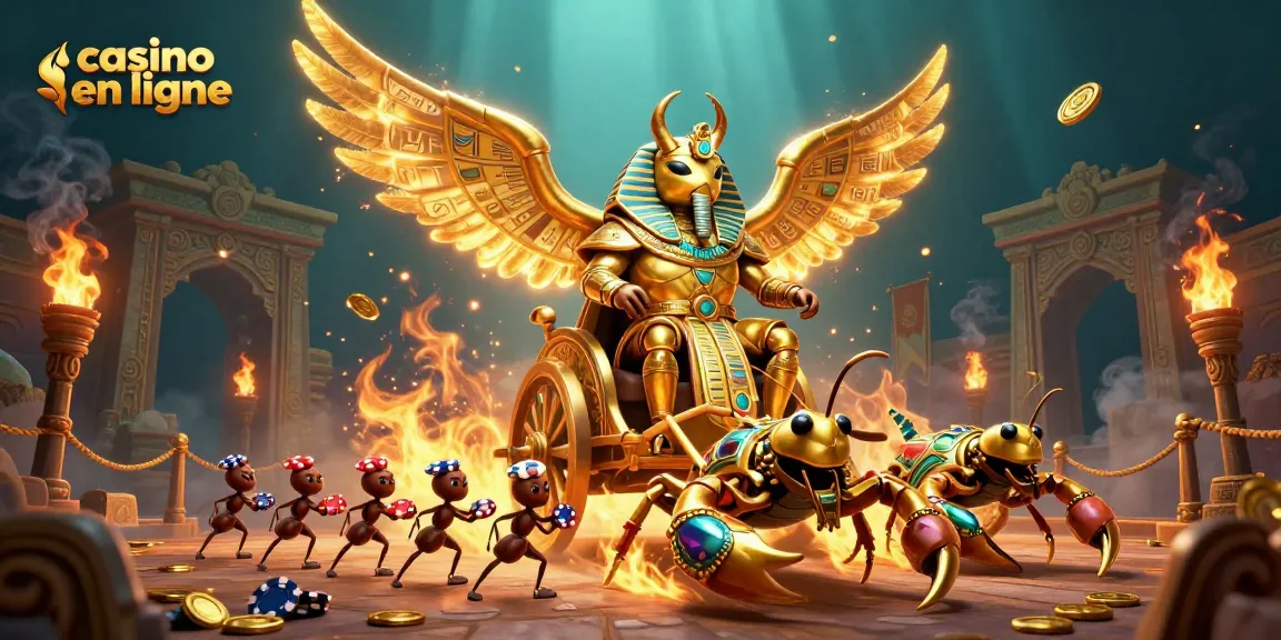 Plongée dans l'univers du casino en ligne avec un scarabée en armure et des scorpions scintillants à travers des éléments de jeu.