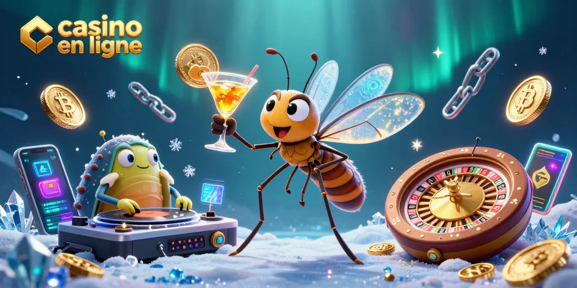 Jouez au casino en ligne avec la mascotte de moustique et le DJ trilobite dans une scène dynamique et colorée.