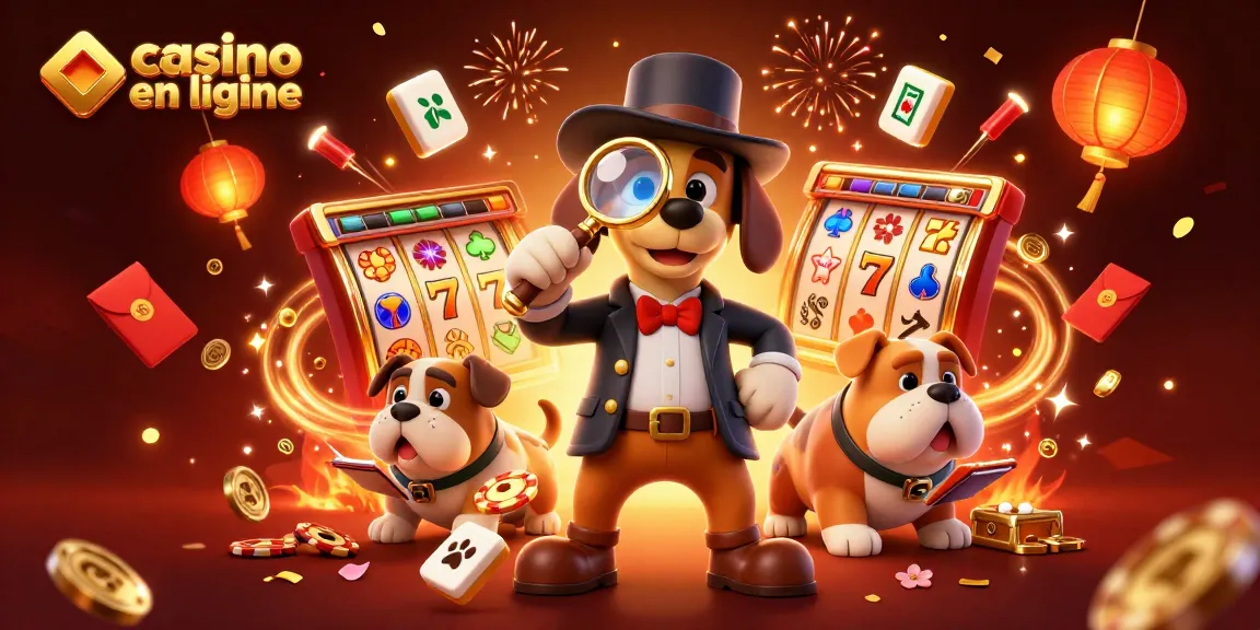 Découvrez une scène dynamique de casino en ligne avec un détective cartoon et des éléments festifs.