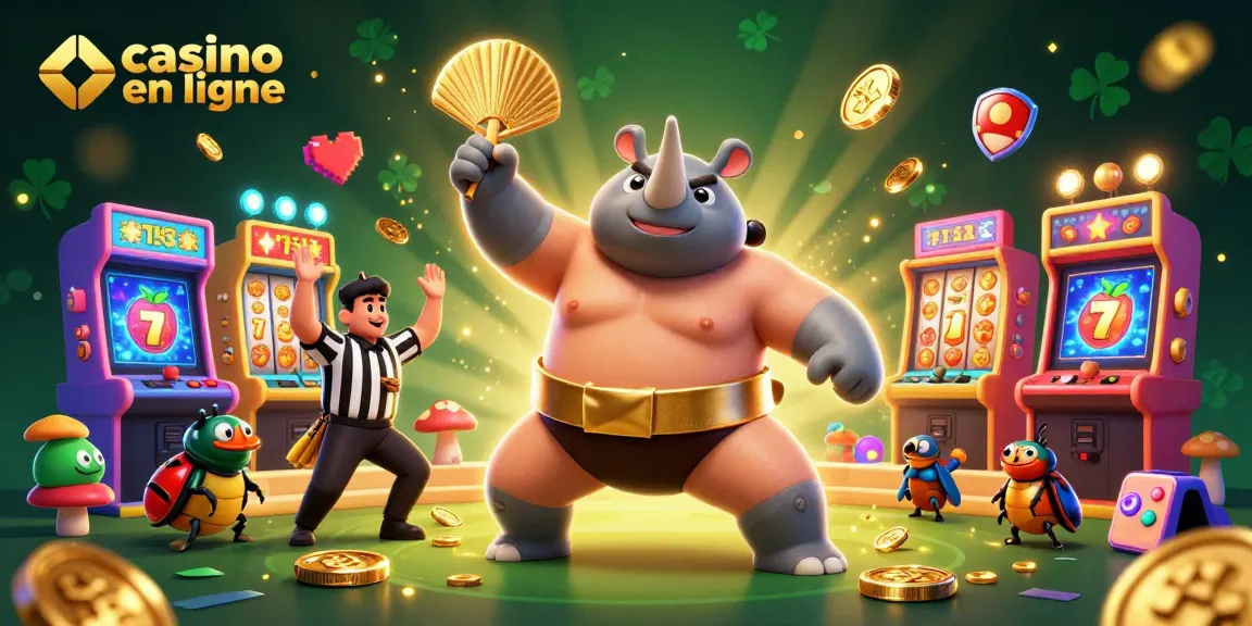 Casino en ligne : illustration dynamique d'un champion sumo rhinocéros envoyant des pièces d'or.