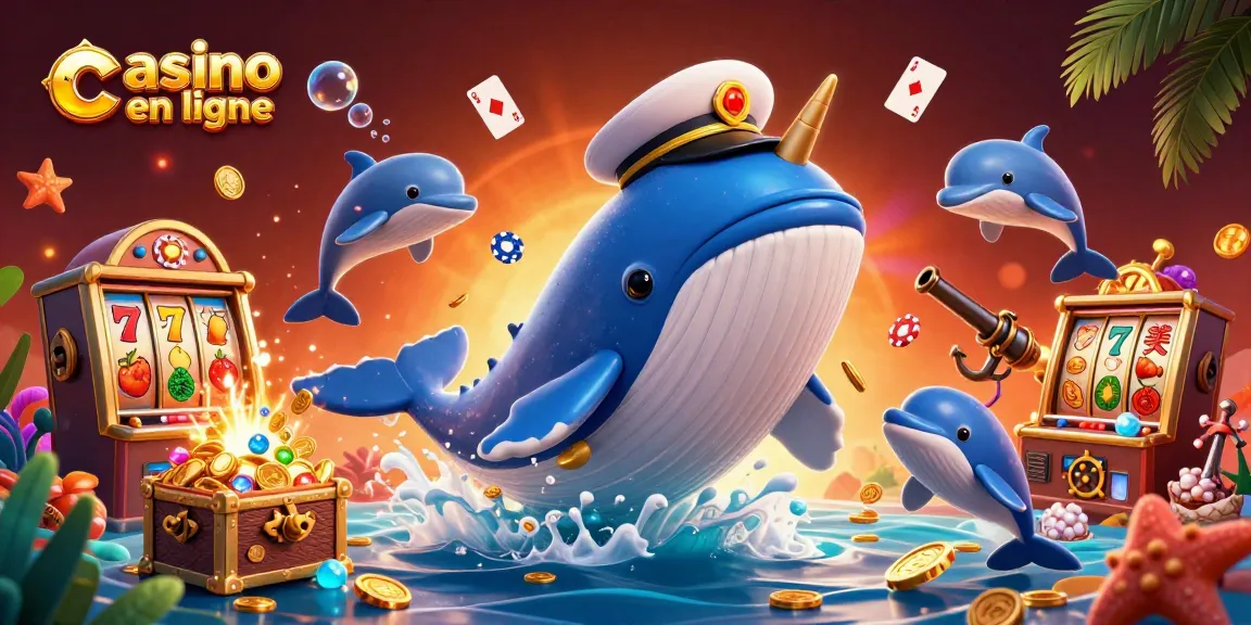 Jouez à casino en ligne avec une illustration animée de personnages marins et d'éléments de jeu.