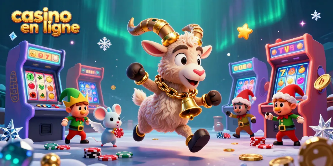 Illustration animée d'un casino en ligne avec Krampus, une souris ange, et des elfes jouant avec des jetons de poker.