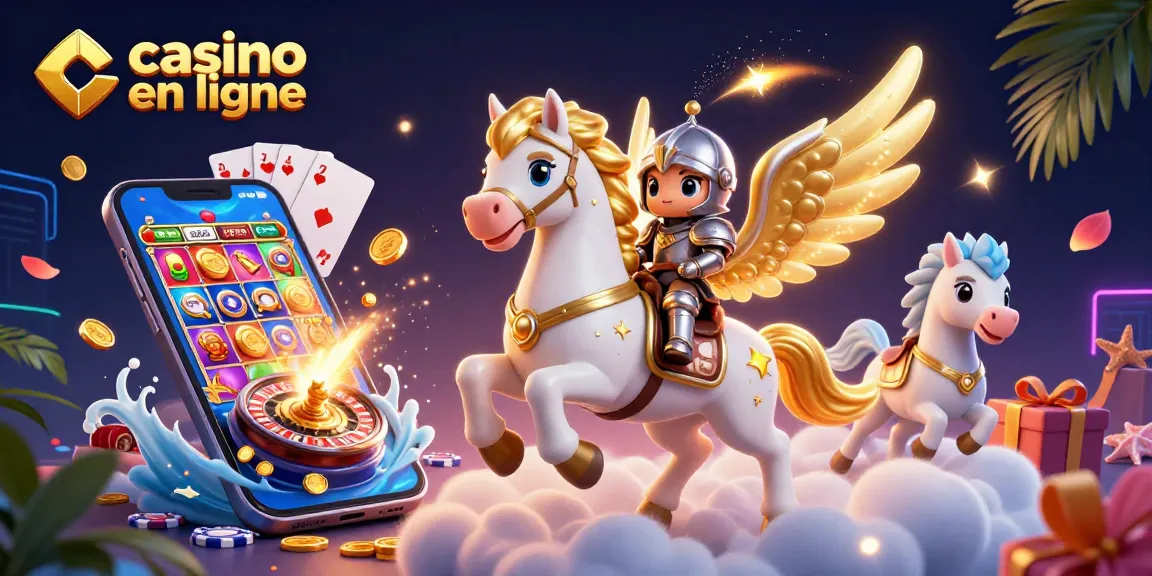 Jouez à des jeux captivants sur casino en ligne avec un cheval céleste et des éléments de casino animés.
