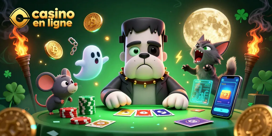 Jouer aux cartes avec Frankenstein bulldog et un chat-garou dans un casino en ligne avec des éléments cryptographiques.
