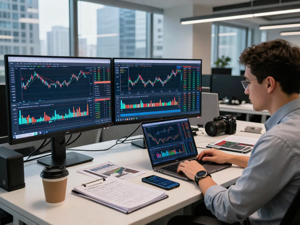 Trader using metatrader 5 on multiple screens in a modern office