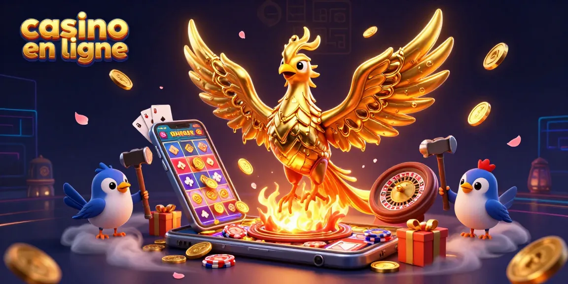 Plongez dans le monde vibrant du casino en ligne avec une illustration captivante d'une créature mythique et des éléments de jeu.
