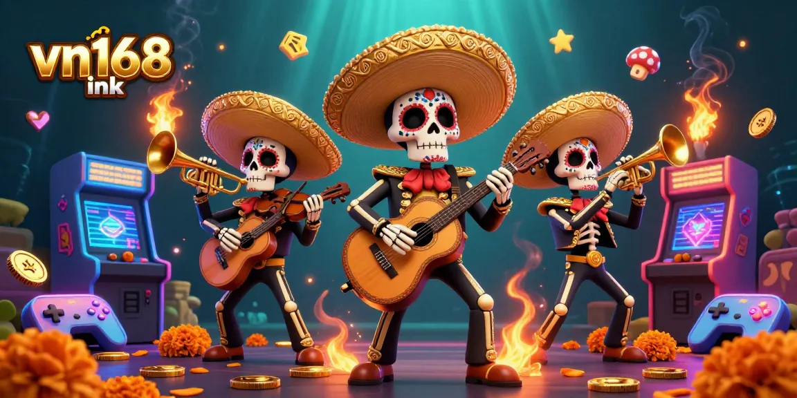 Engage with the vibrant vn168 ink mariachi band amidst glowing casino arcade elements.