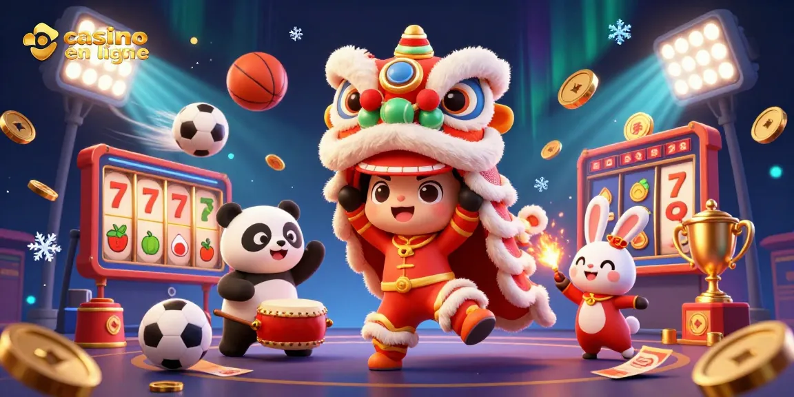 Cette illustration dynamique de casino en ligne présente une danse de lion avec des personnages, des éléments de jeu et des prix en or.