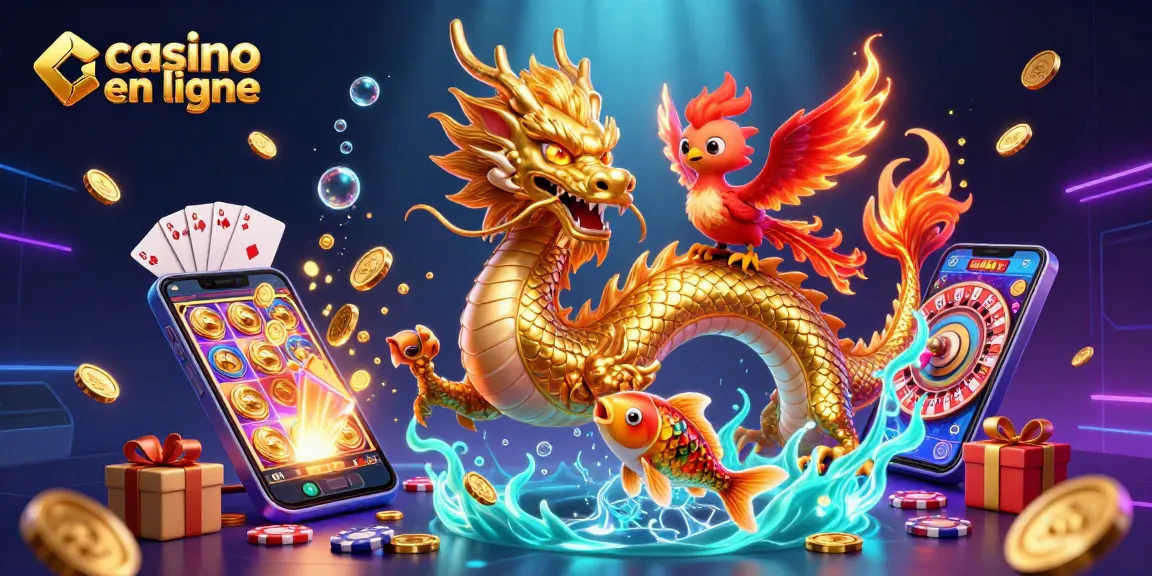 Plongez dans l'univers du casino en ligne avec un dragon doré, un phénix flamboyant et un poisson koi entouré de jeux d'arcade.