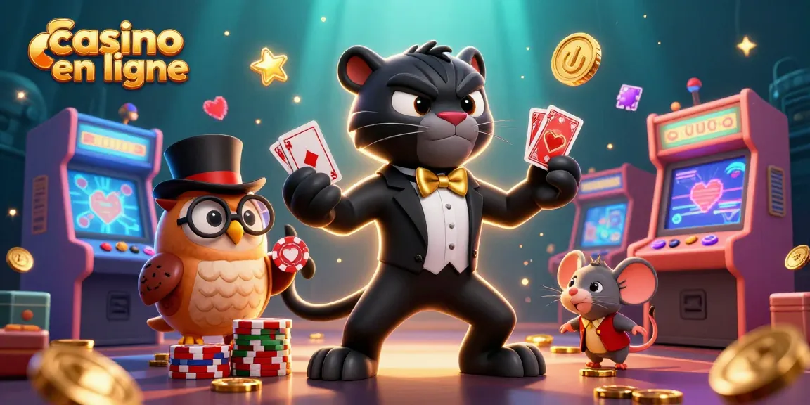 Jouer au casino en ligne avec élégance : une panthère en smoking distribue des cartes.