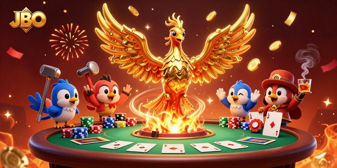 Witness the golden phoenix symbolize JBO's exciting gambling experience with dynamic poker elements and vibrant atmosphere.