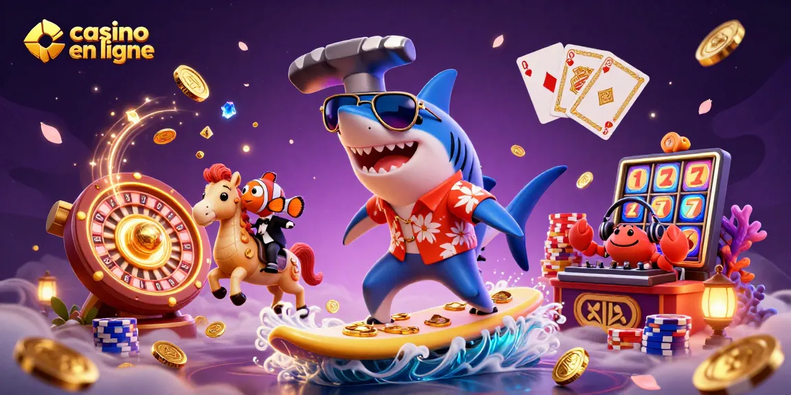 Visuel dynamique de casino en ligne avec un requin, un poisson clown et un crabe DJ entourés de pièces d'or et jeux de cartes.