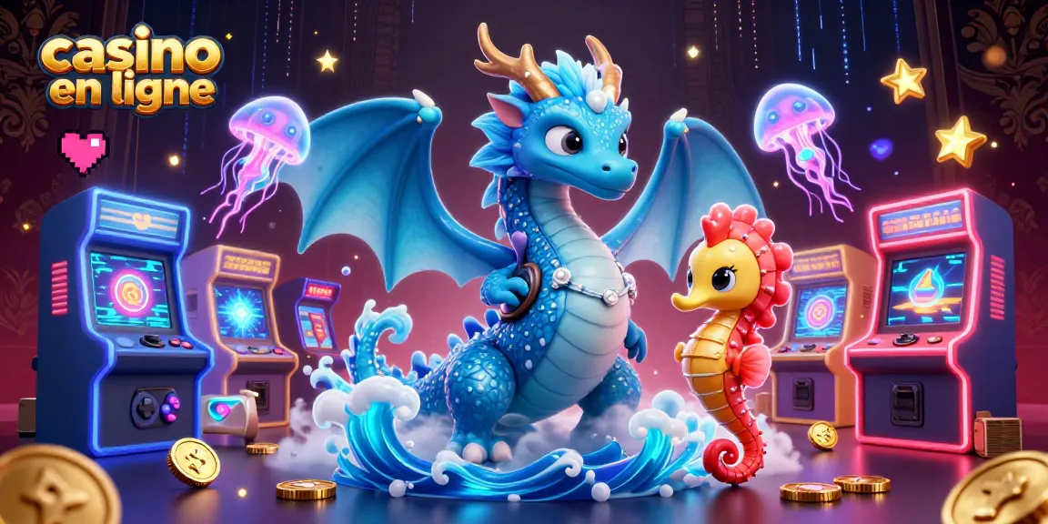 Jouez au casino en ligne avec des éléments colorés de jeux et un dragon aquatique majestueux.