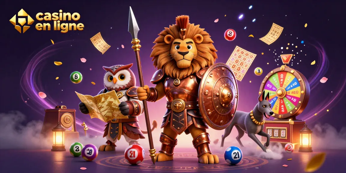 Illustration colorée de casino en ligne avec un lion spartan et une stratégie de loterie dynamique.