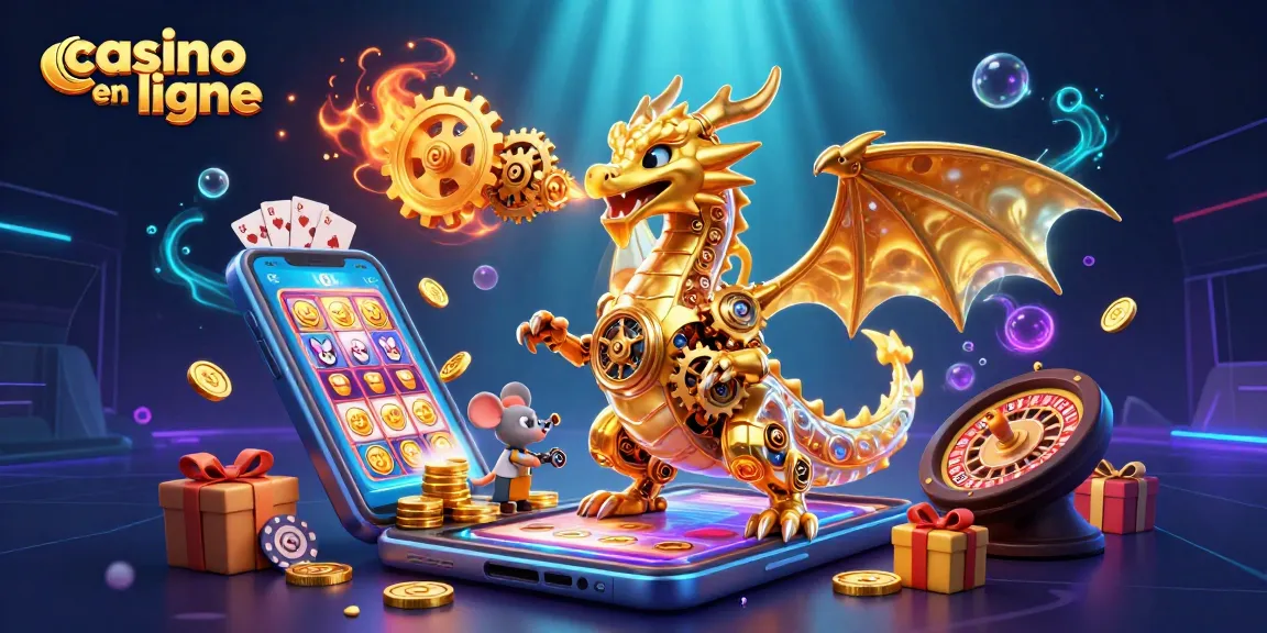Jouer au casino en ligne avec un dragon mécanique et un ingénieur souris au milieu de jeux et de pièces d'or.