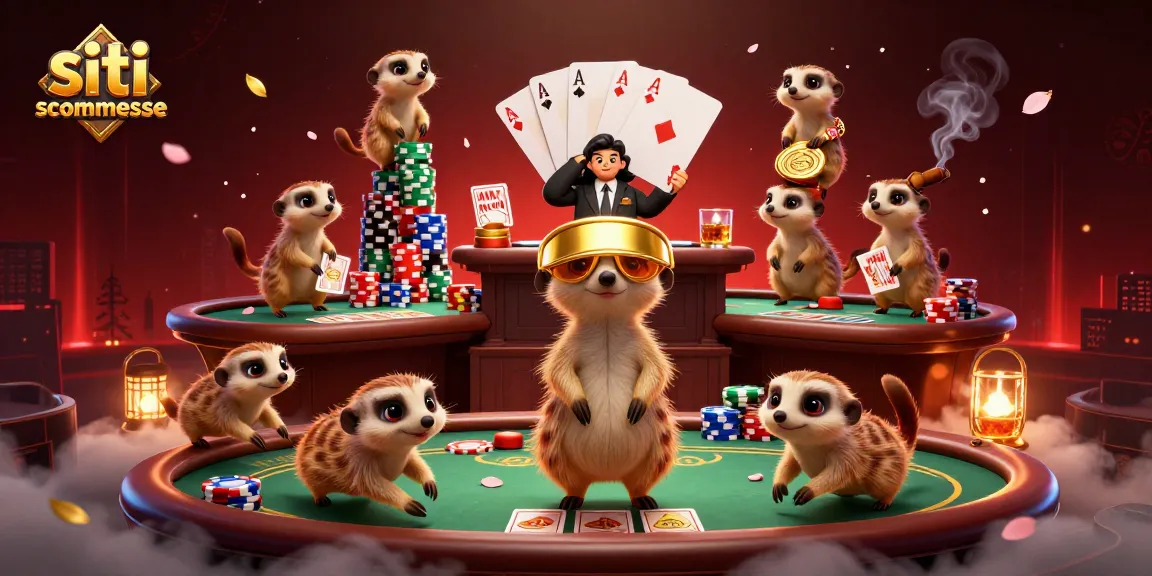 Immagine di una colonia di suricati che gestisce divertenti scommesse sui siti scommesse con tavolo da poker e torri di fiches colorate.