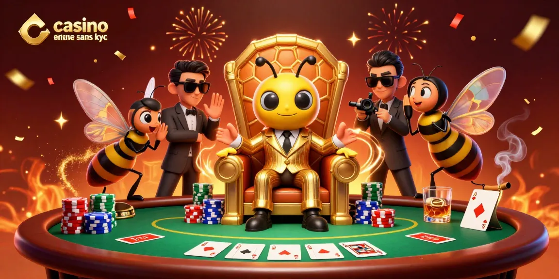 Profitez du casino en ligne sans KYC avec des personnages colorés autour d'une table de poker et des jeux de hasard.