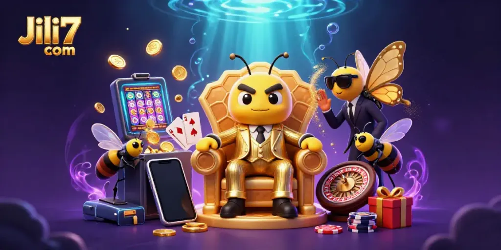 Experience gaming with Jili7 com amidst a bustling scene of casino elements and lively characters.