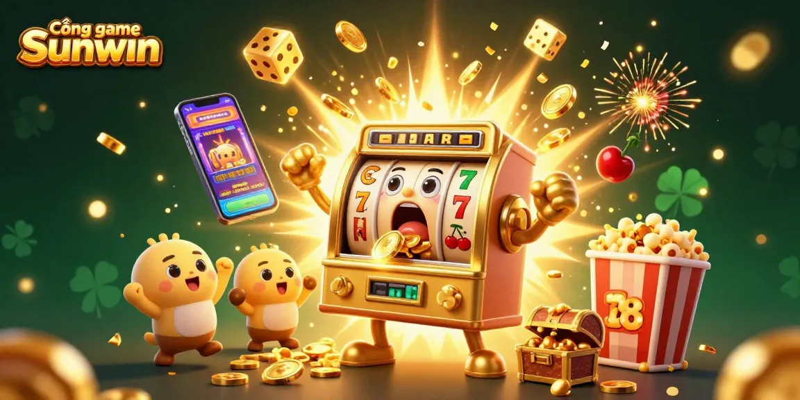 Cổng game Sunwin showcases an exciting jackpot scene with animated characters celebrating in a vibrant casino setting.