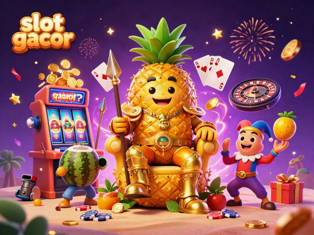 Experience the thrill of slot gacor with a vibrant illustration featuring a golden pineapple king and casino elements.