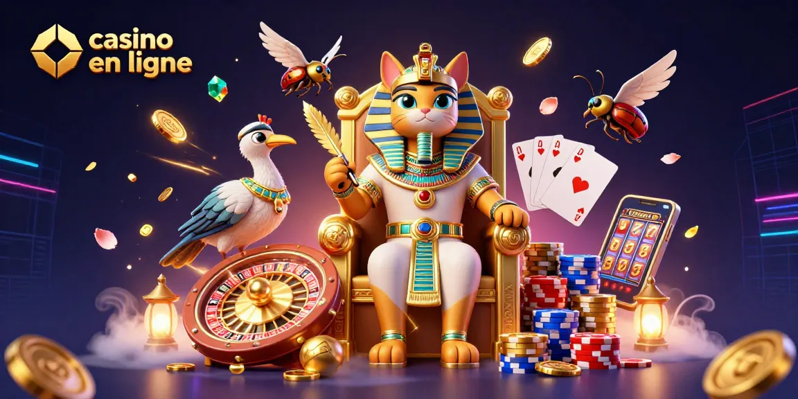 Illustration captivante de casino en ligne montrant un chat pharaon égyptien sur un trône entouré de pièces d'or.