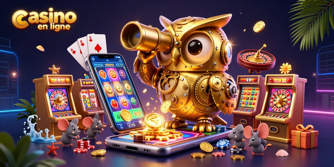 Célébrez le casino en ligne avec un hibou mécanique doré surveillant les jeux et les pièces.