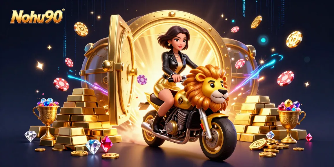 Nohu90 showcases a glamorous woman riding a golden lion amidst dazzling casino treasures.