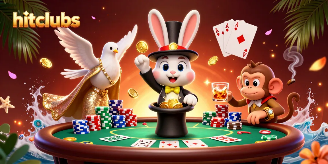 Hitclubs players enjoying dynamic poker showdown with coins and chips in vibrant casino scene.