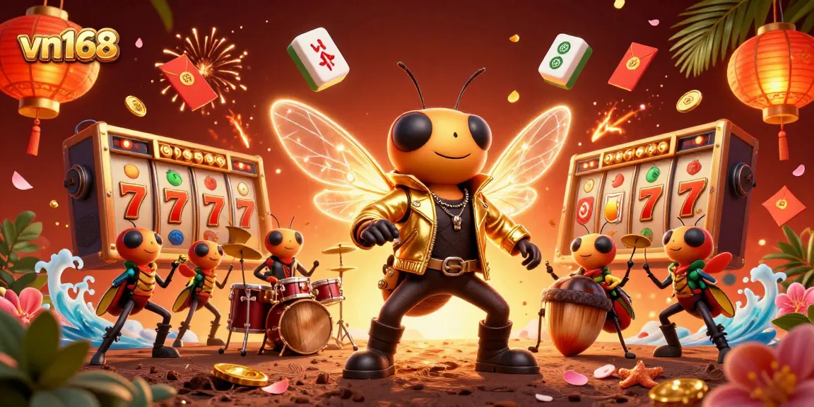 Experience the vibrant energy of vn168 through a dynamic casino-themed illustration featuring a rock star cicada.