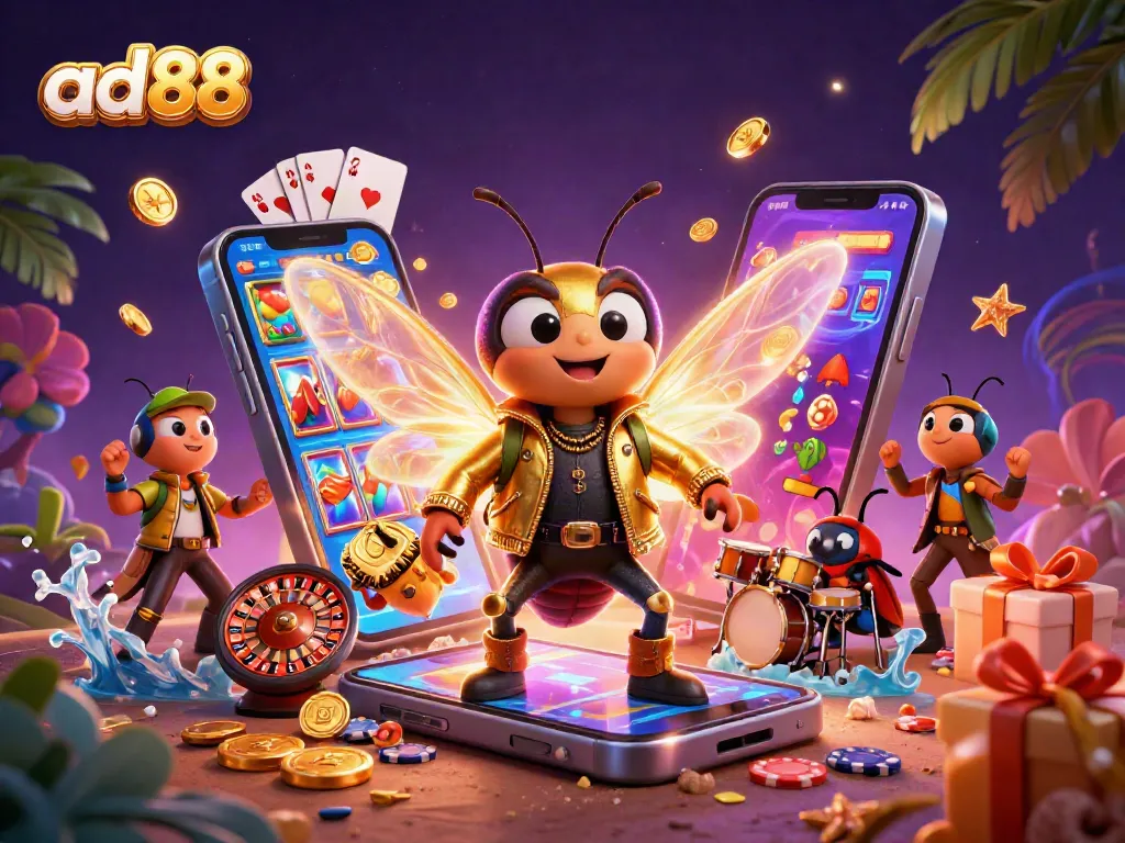 Experience thrilling gaming with ad88's vibrant 3D casino illustration featuring dynamic characters and slot games.
