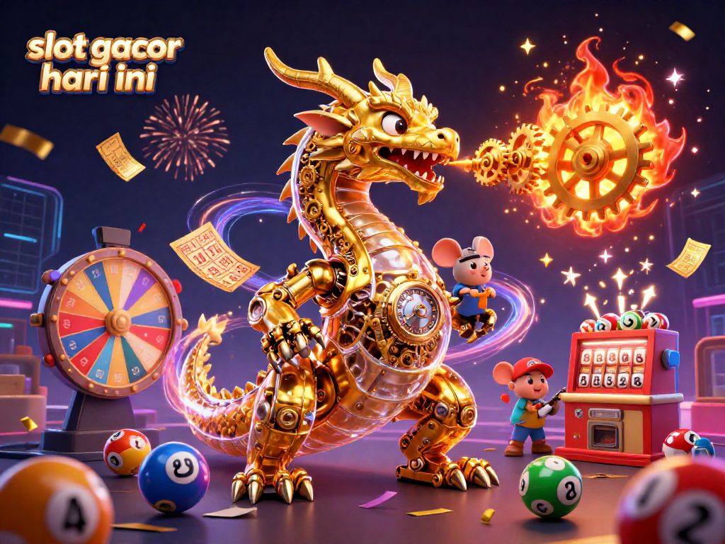 Experience the thrill of slot gacor hari ini with vibrant illustrations of golden dragons and dynamic lottery elements.
