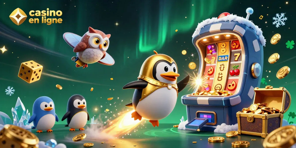 Illustration dynamique du casino en ligne avec un pingouin doré et une machine à sous éclatante