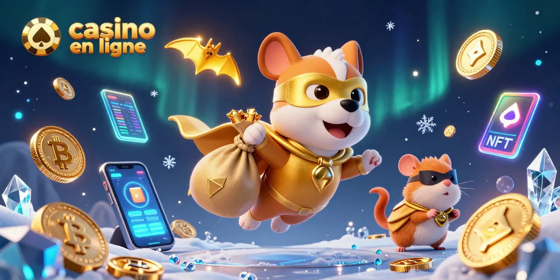 Illustration captivante de casino en ligne avec un chien super-héros et un hamster, offrant des pièces d'or et des crypto-monnaies.