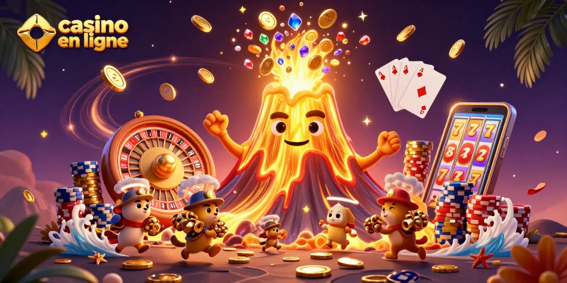 Illustration d'un casino en ligne avec un volcan doré triomphant et des animaux explorateurs fuyant avec des trésors.