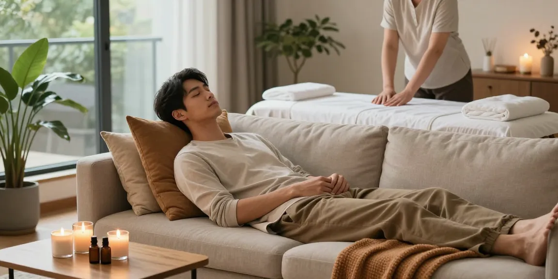 노원출장안마 service in a cozy home setting with a young professional relaxing and preparing for a massage.