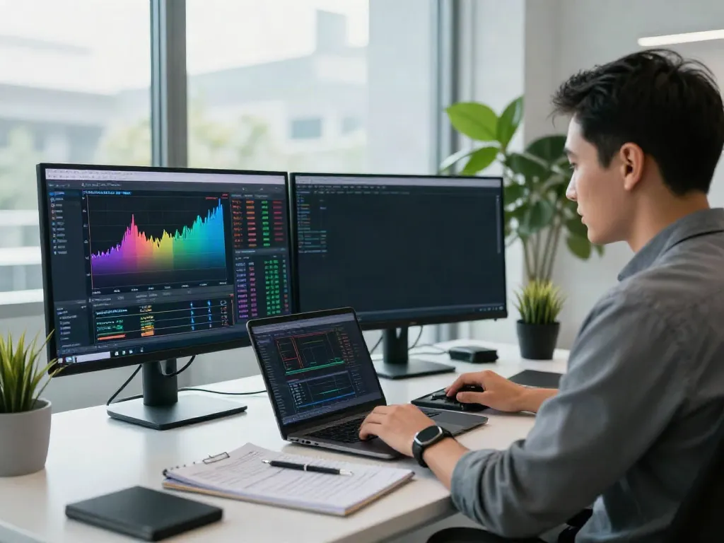 Professional trader using MetaTrader 5 in a modern financial trading office.