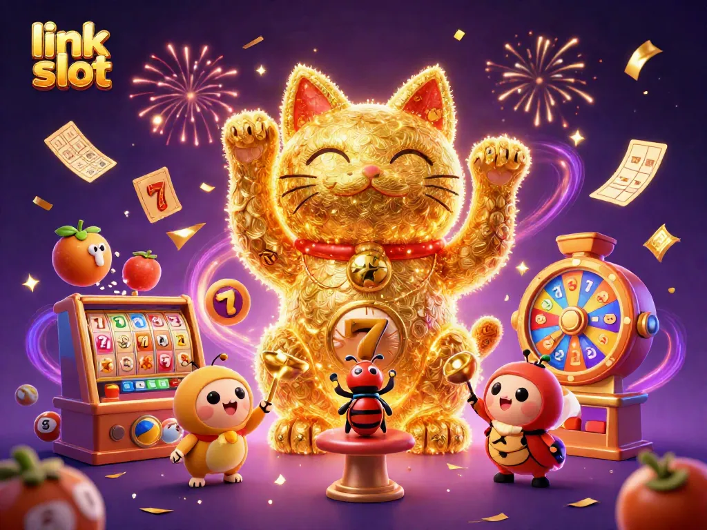 Experience thrilling wins with link slot as golden fireflies and dynamic casino symbols create a magical atmosphere.