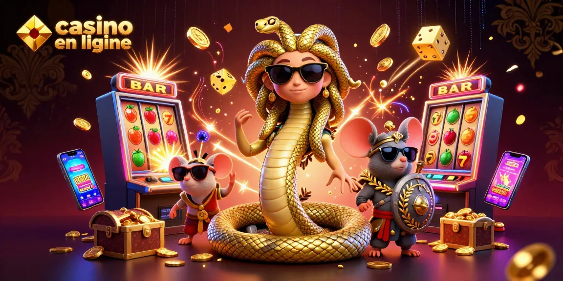 Illustration de casino en ligne avec Méduse et un guerrier souris, machines à sous explosant de pièces.