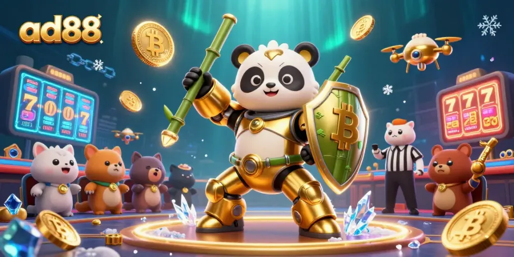 Play exciting games at ad88 with a dynamic scene featuring a golden panda mech in a casino arena.