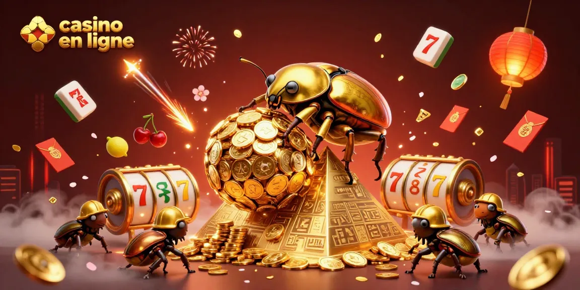 Illustration dynamique d'un casino en ligne avec des scarabées dorés et des rouleaux de machines à sous