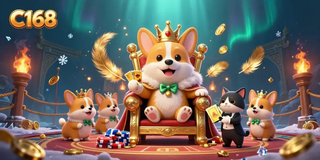 C168 showcases a royal corgi on a poker chip throne, highlighting engaging casino atmosphere.